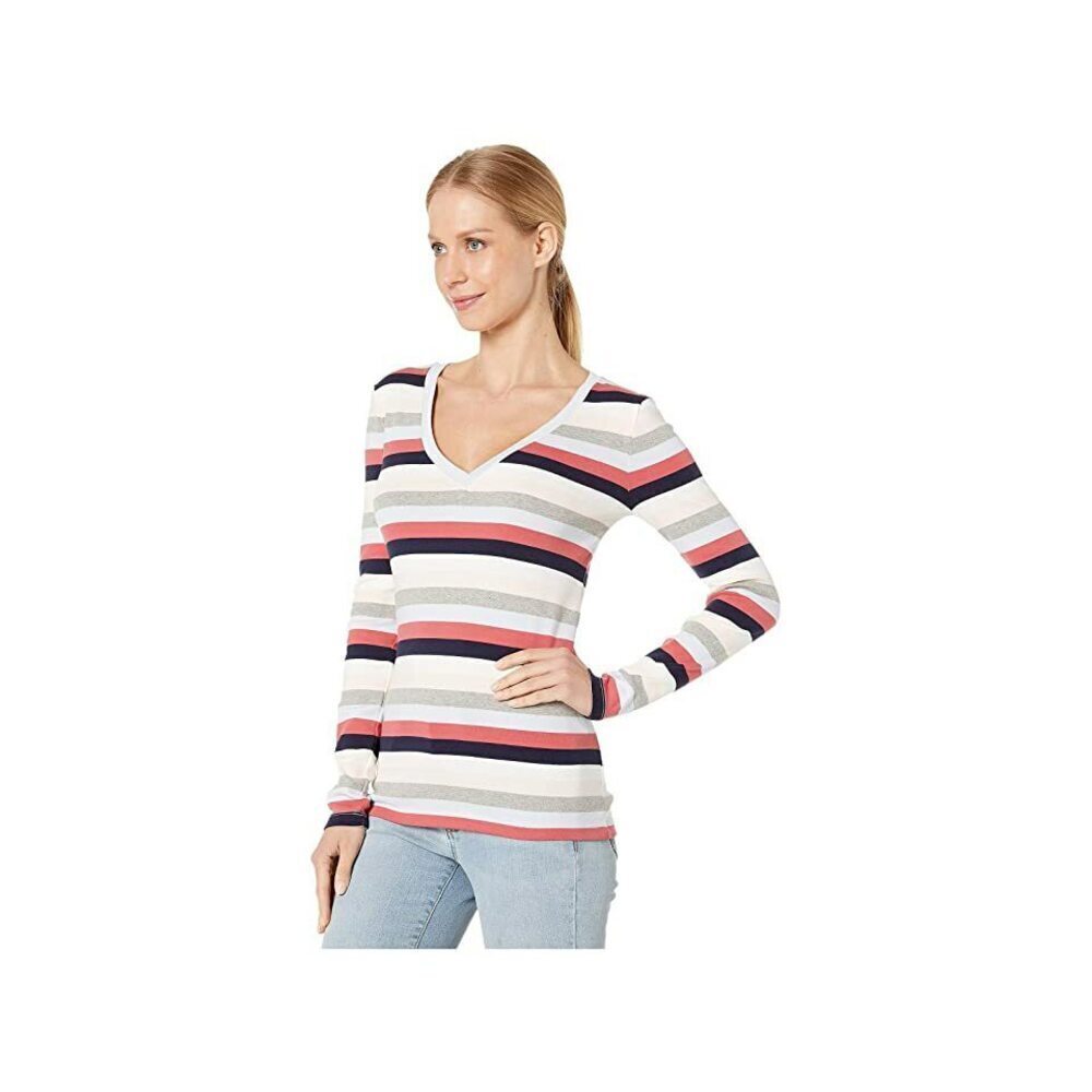 J Crew Woman's Cotton Perfect Fit V-Neck T-Shirt in Multi Stripe Size XS